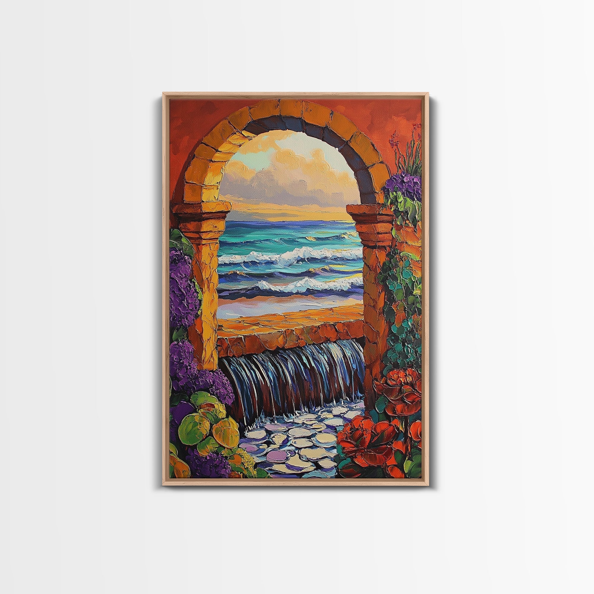 Stone Archway Ocean, Dreamy Seaside Scene, Romantic Sunset Art, Framed Canvas Print, Coastal Entryway Wall Art, Vacation Vibes