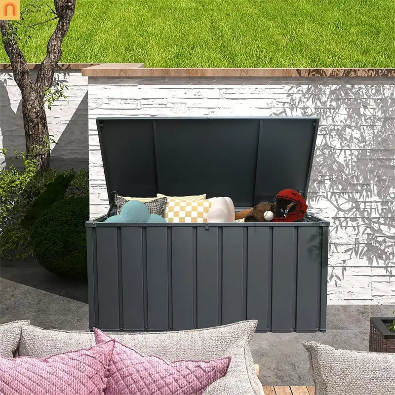 Outdoor Storage Deck Box Steel Dark Gray Lockable 100 Gallon