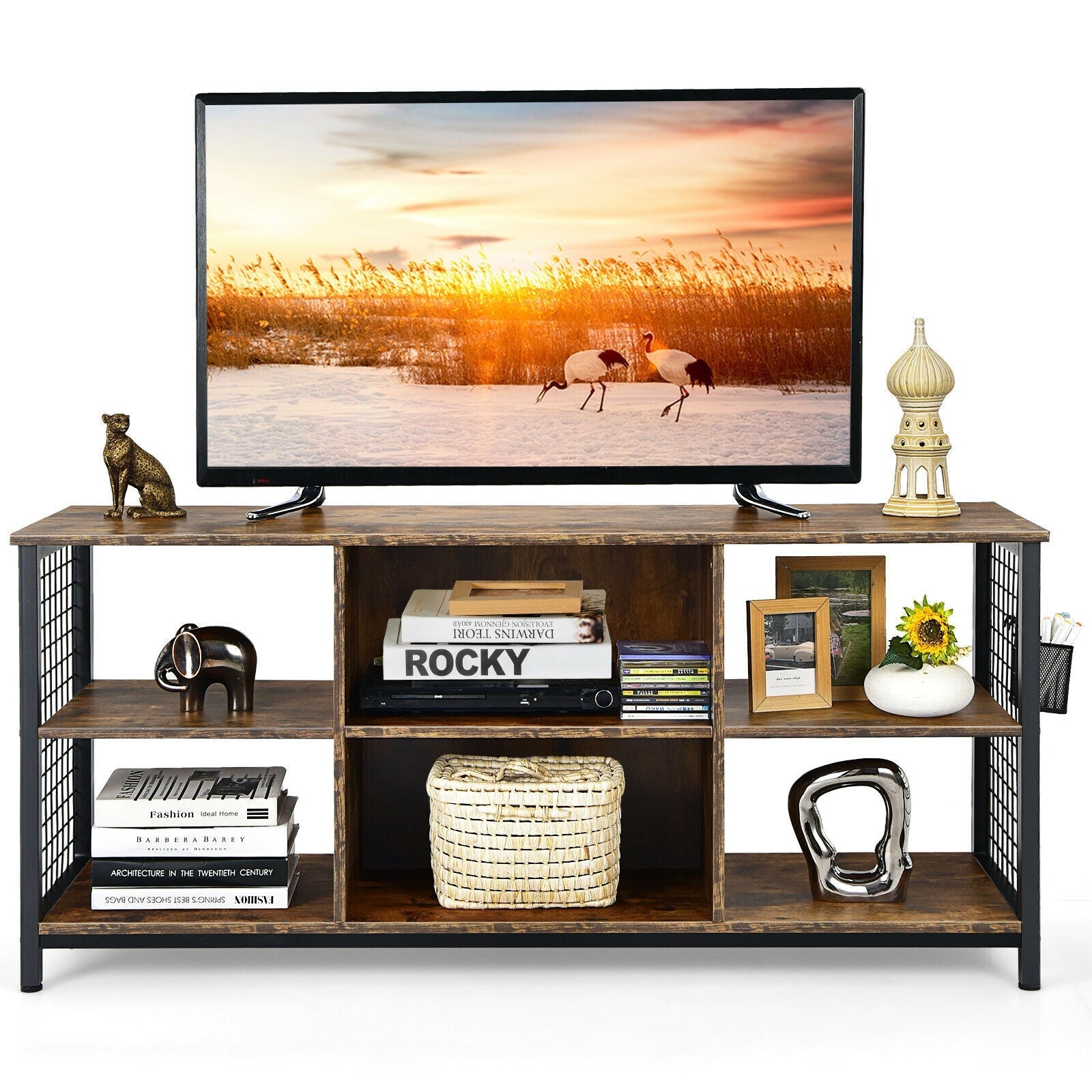 Mid-Century Wooden TV Stand with Storage Basket for TVs up to 65 Inch-Rustic Brown