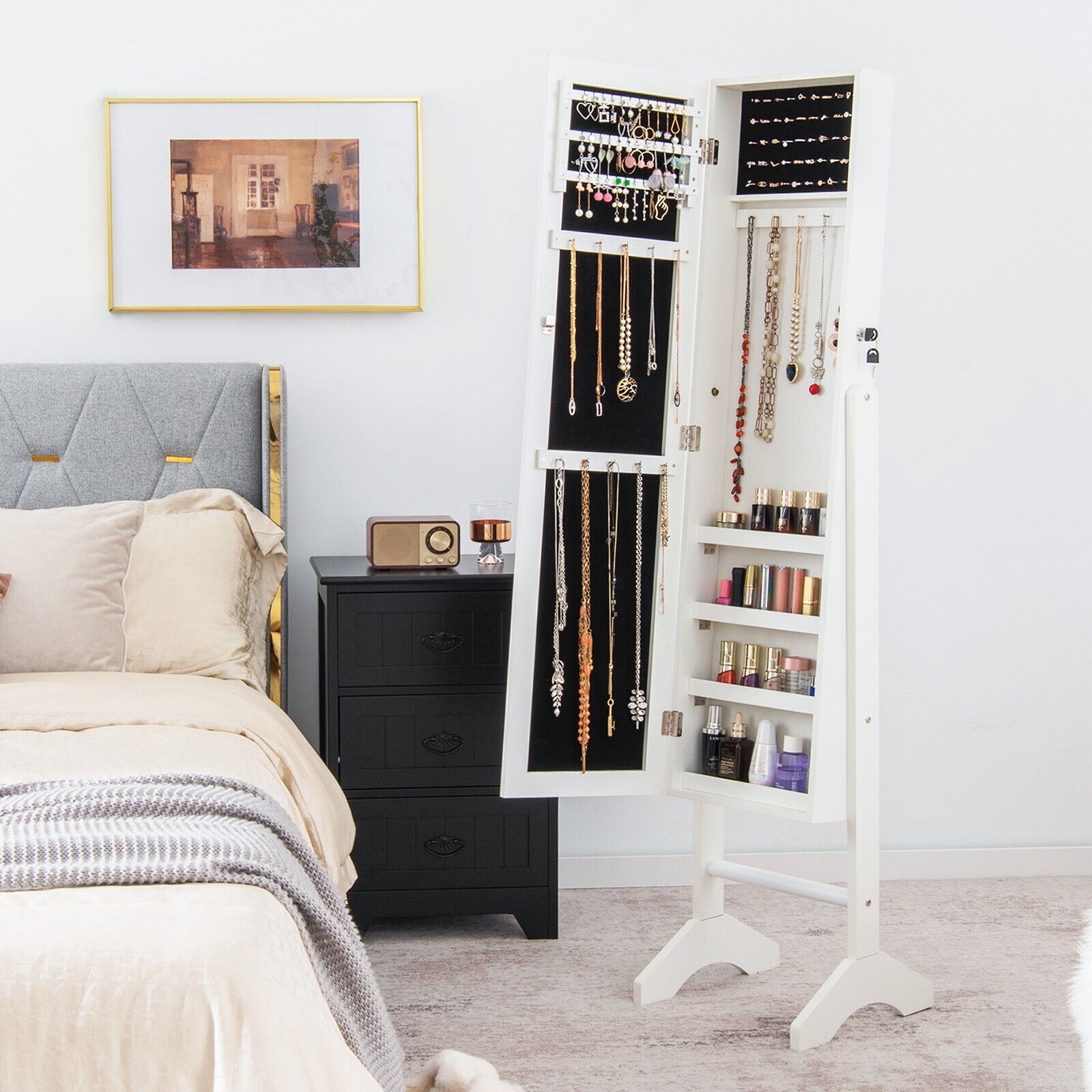 Free-Standing Jewelry Cabinet with Full-Length Mirror and Lockable Door