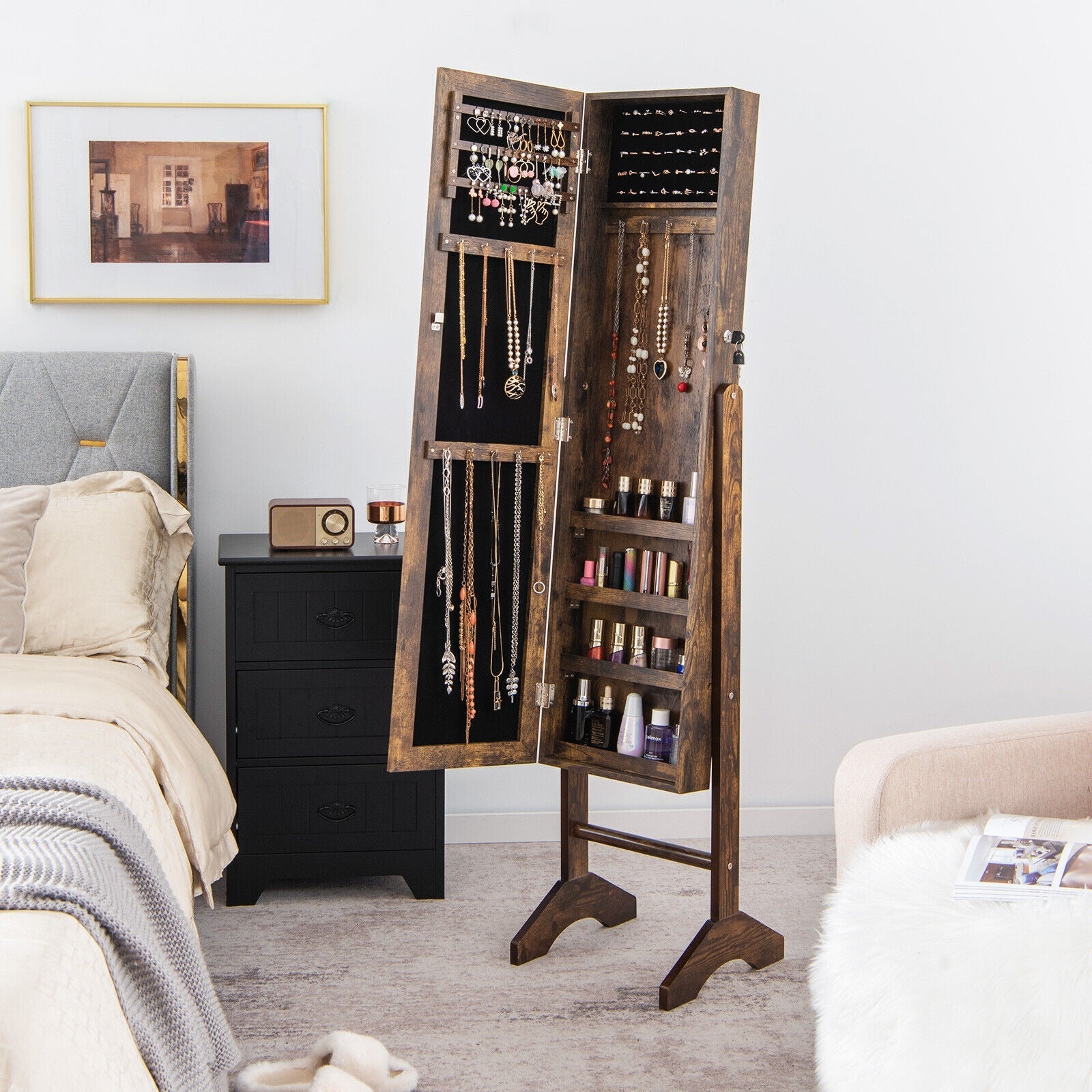 Free-Standing Jewelry Cabinet with Full-Length Mirror and Lockable Door