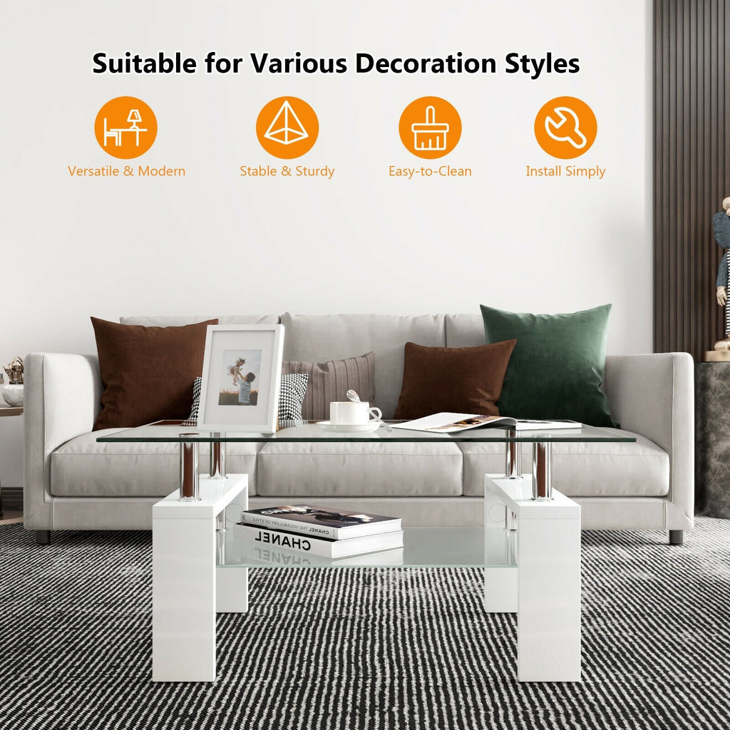 Rectangular Tempered Glass Coffee Table with Shelf