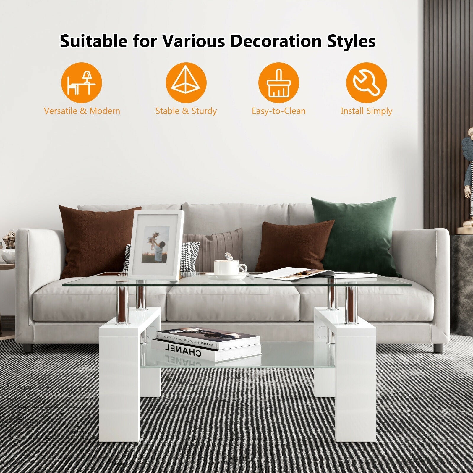 Rectangular Tempered Glass Coffee Table with Shelf