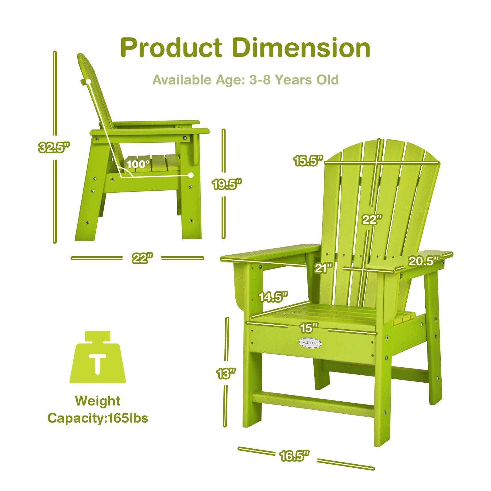 Patio Kids' Adirondack Chair with Ergonomic Backrest