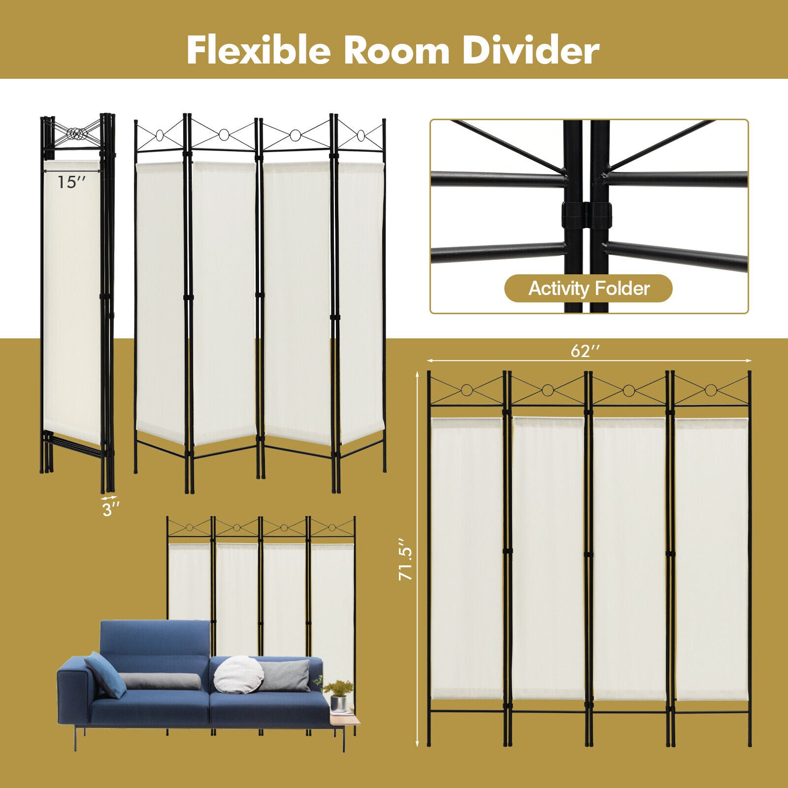 6 Feet 4-Panel Folding Freestanding Room Divider
