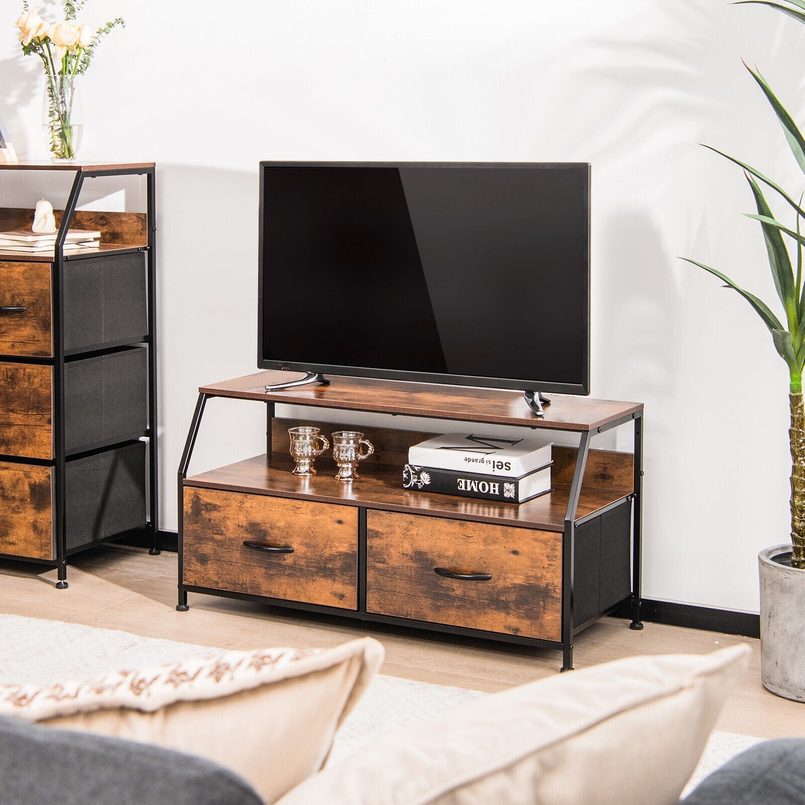 Dresser TV Stand with 2 Folding Fabric Drawers and Open Shelves-Rustic Brown