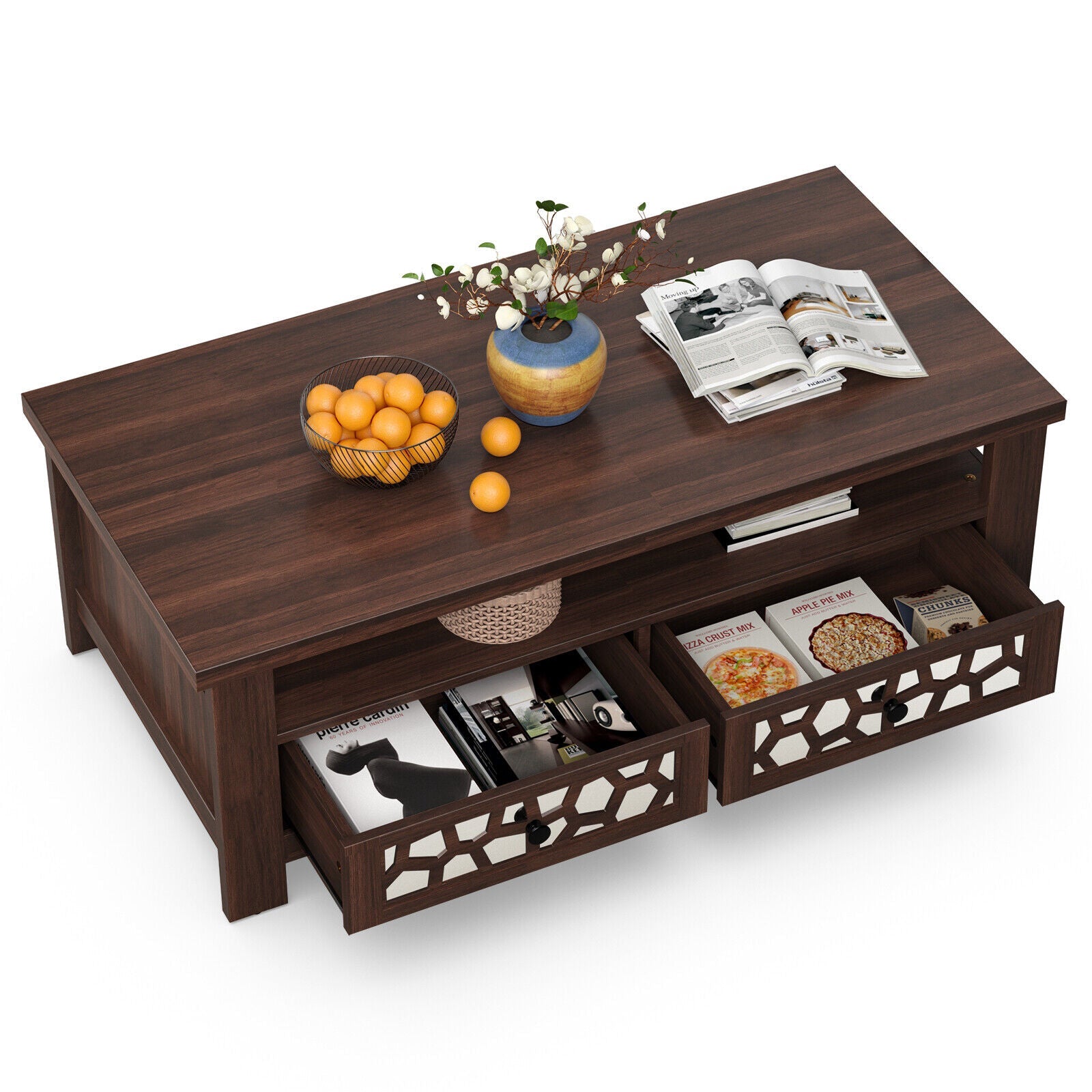 3-tier Coffee Table with 2 Drawers and 5 Support Legs