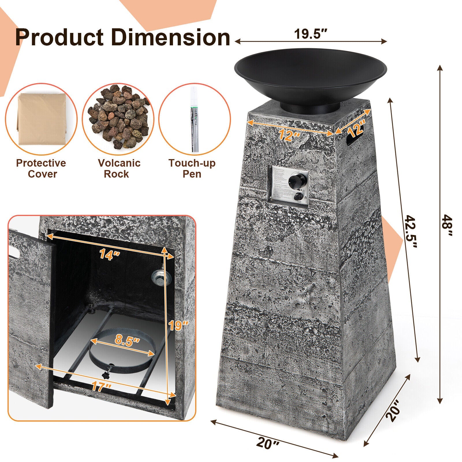 48 Inch Propane Fire Bowl Column with Lava Rocks and PVC Cover-Gray