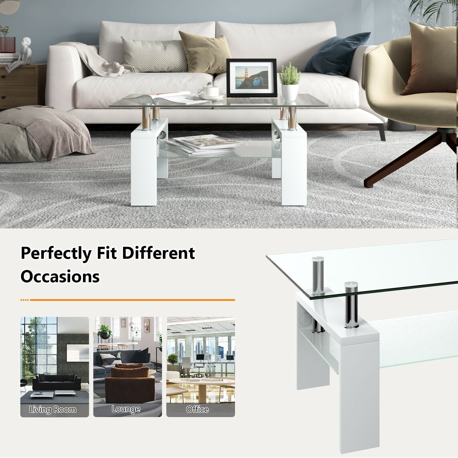Rectangular Tempered Glass Coffee Table with Shelf