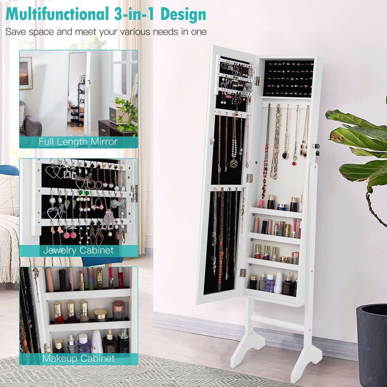 Free-Standing Jewelry Cabinet with Full-Length Mirror and Lockable Door