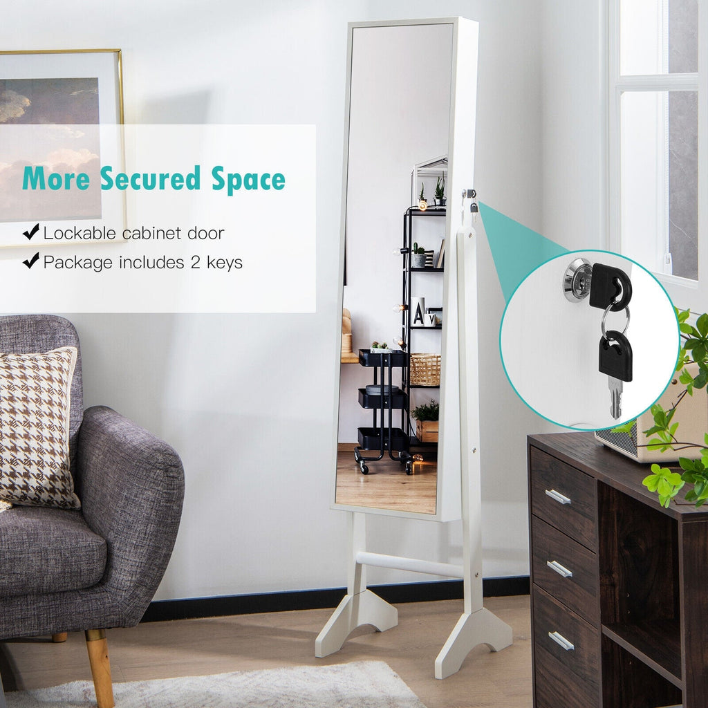 Free-Standing Jewelry Cabinet with Full-Length Mirror and Lockable Door