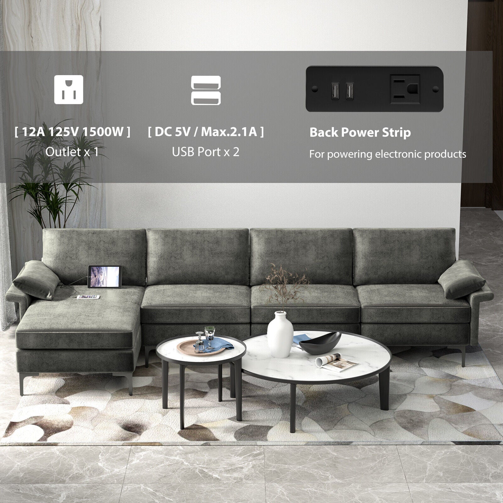 Extra Large L-shaped Sectional Sofa with Reversible Chaise and 2 USB Ports for 4-5 People