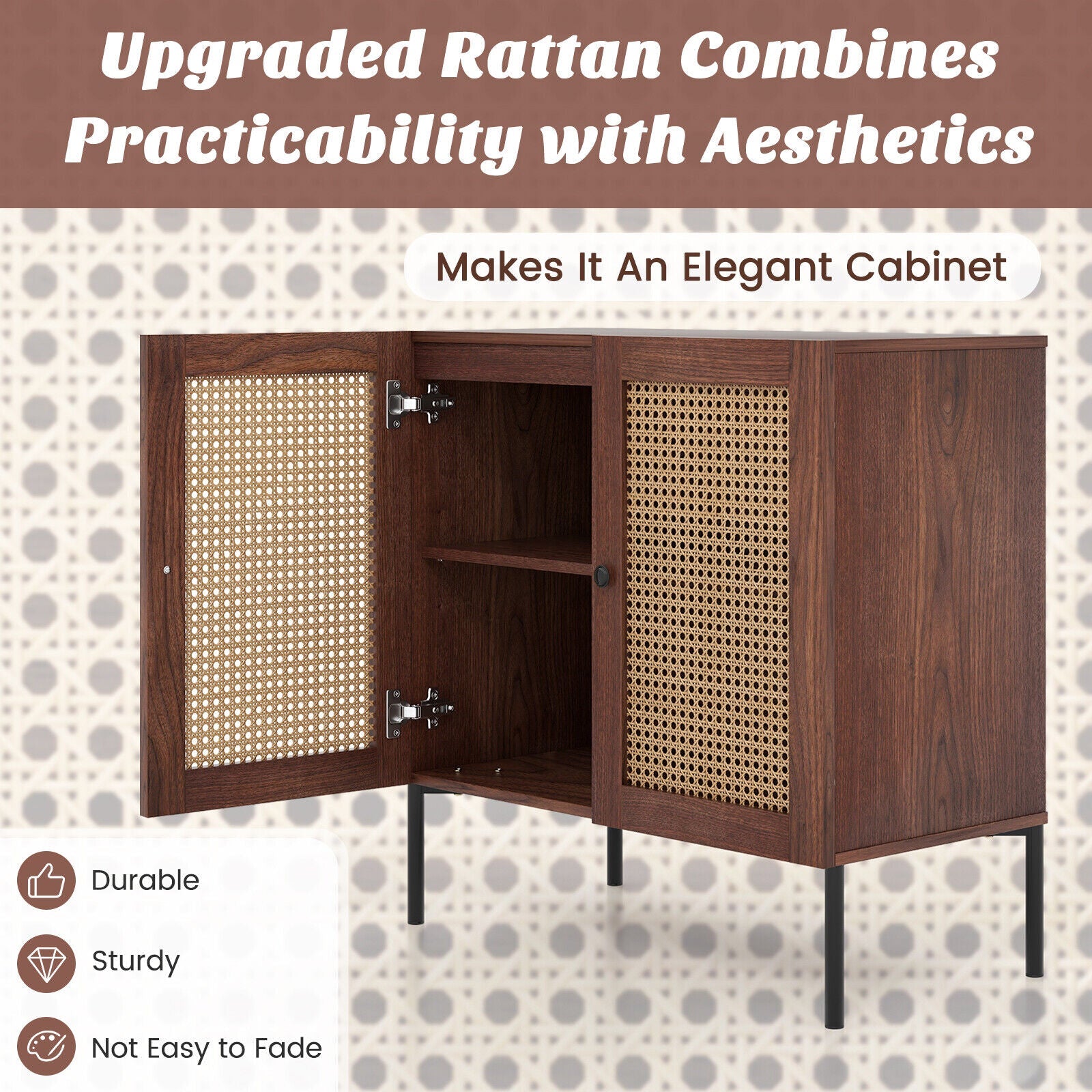 Kitchen Sideboard with 2 Rattan Doors and Adjustable Shelf