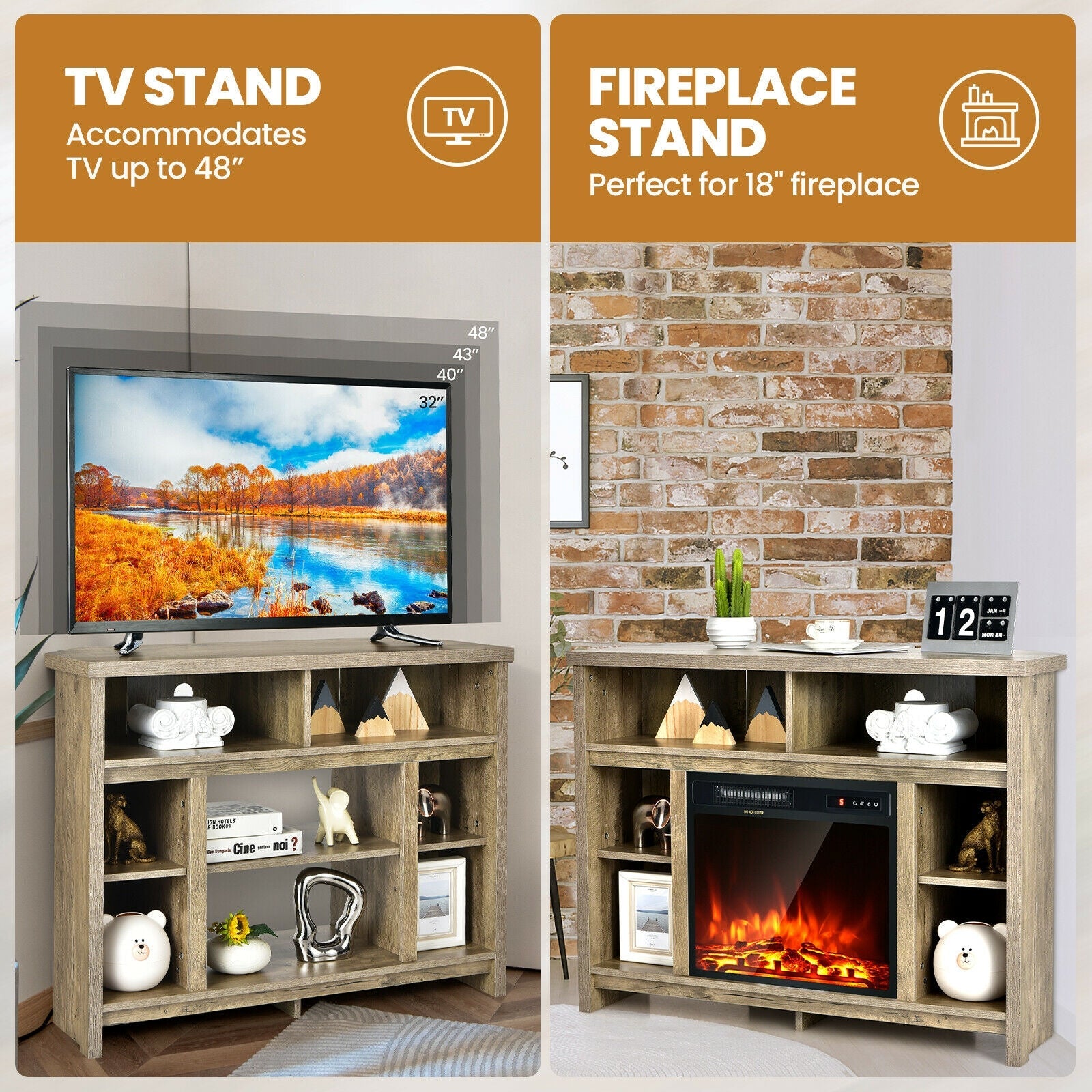 Modern Corner TV Stand with Adjustable Shelves for TVs up to 48 Inch