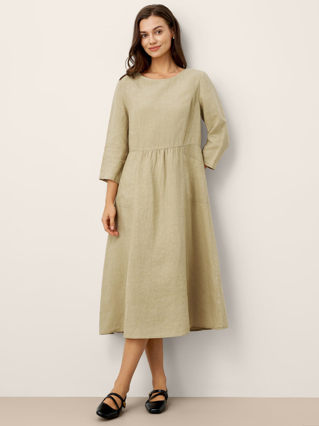 100% Linen Shirred Waistline Patch Pocket Midi Dress MARCELLA
