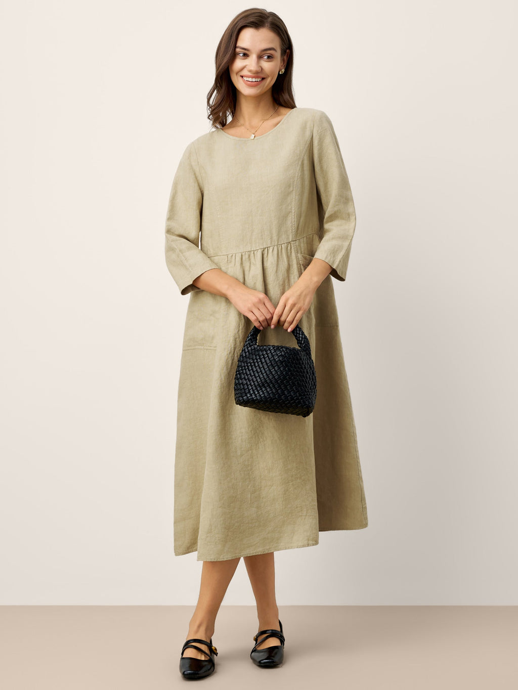 100% Linen Shirred Waistline Patch Pocket Midi Dress MARCELLA