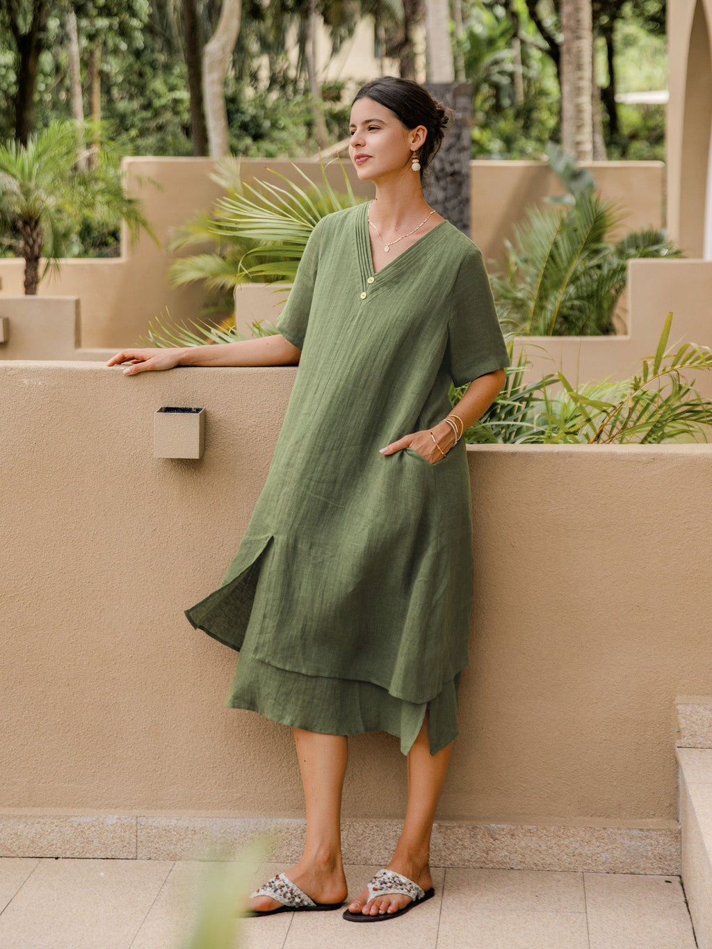 100% Linen V-Neck Double-Layer Mini Dress JAYDA
