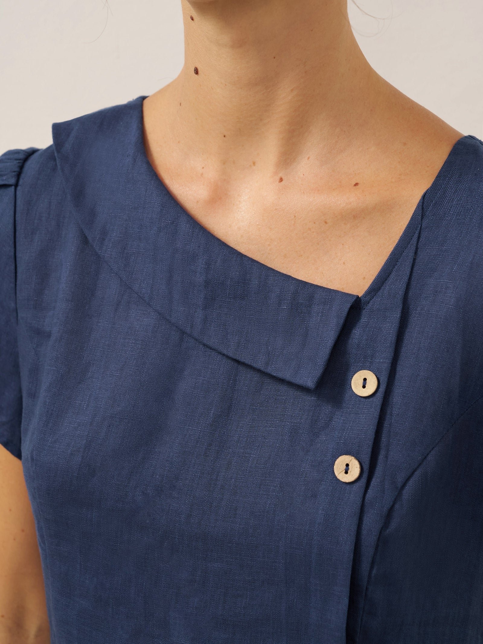 100% Linen Crescent Collar Flutter Sleeve Mini Dress FIONA