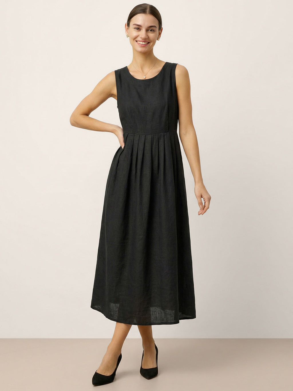 100% Linen Sleeveless Crew Neck Waist Pleated Midi Dress SELENE