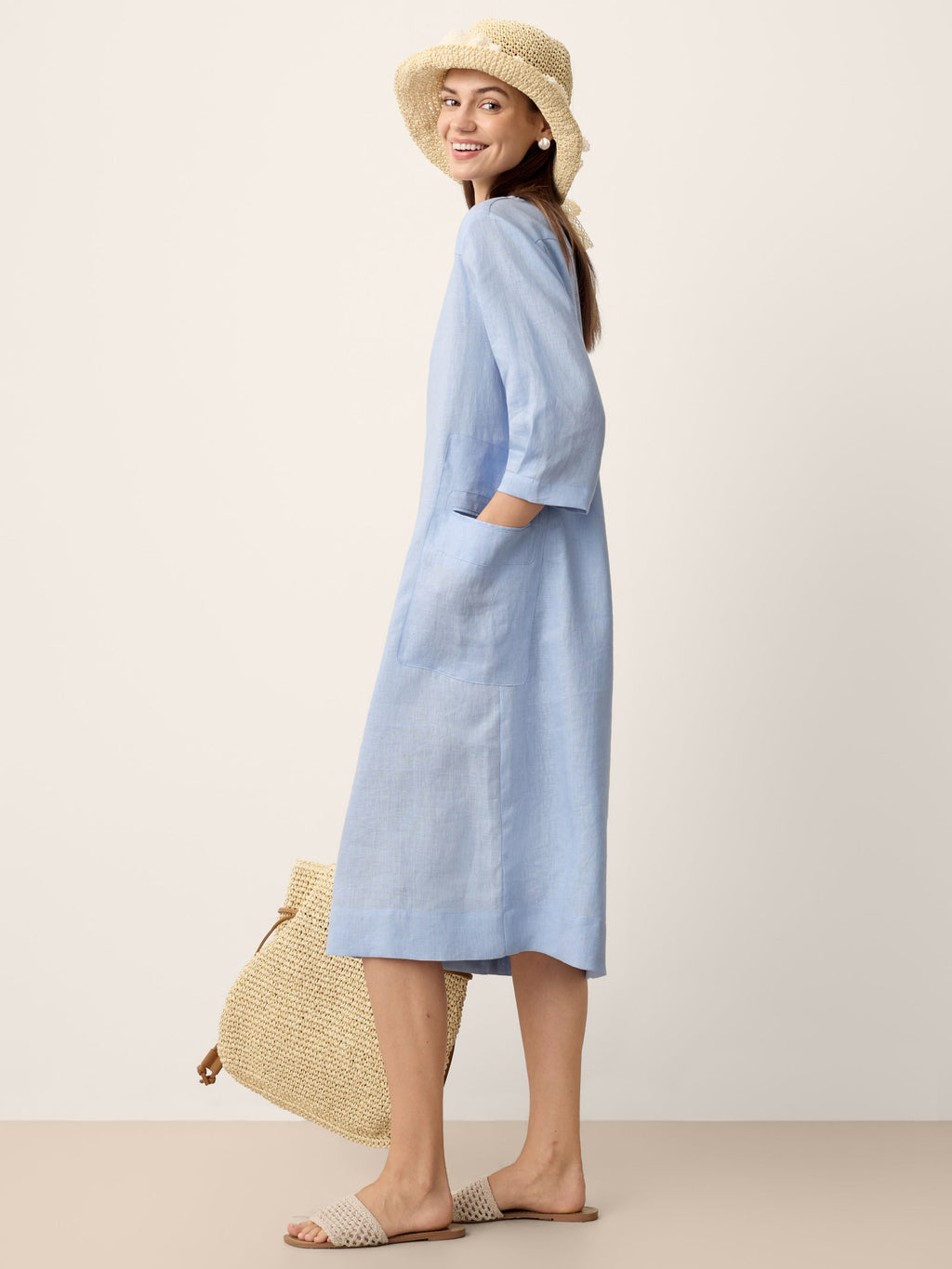 100% Linen Split-Neck Patch-Pocket Mini Dress KALINA
