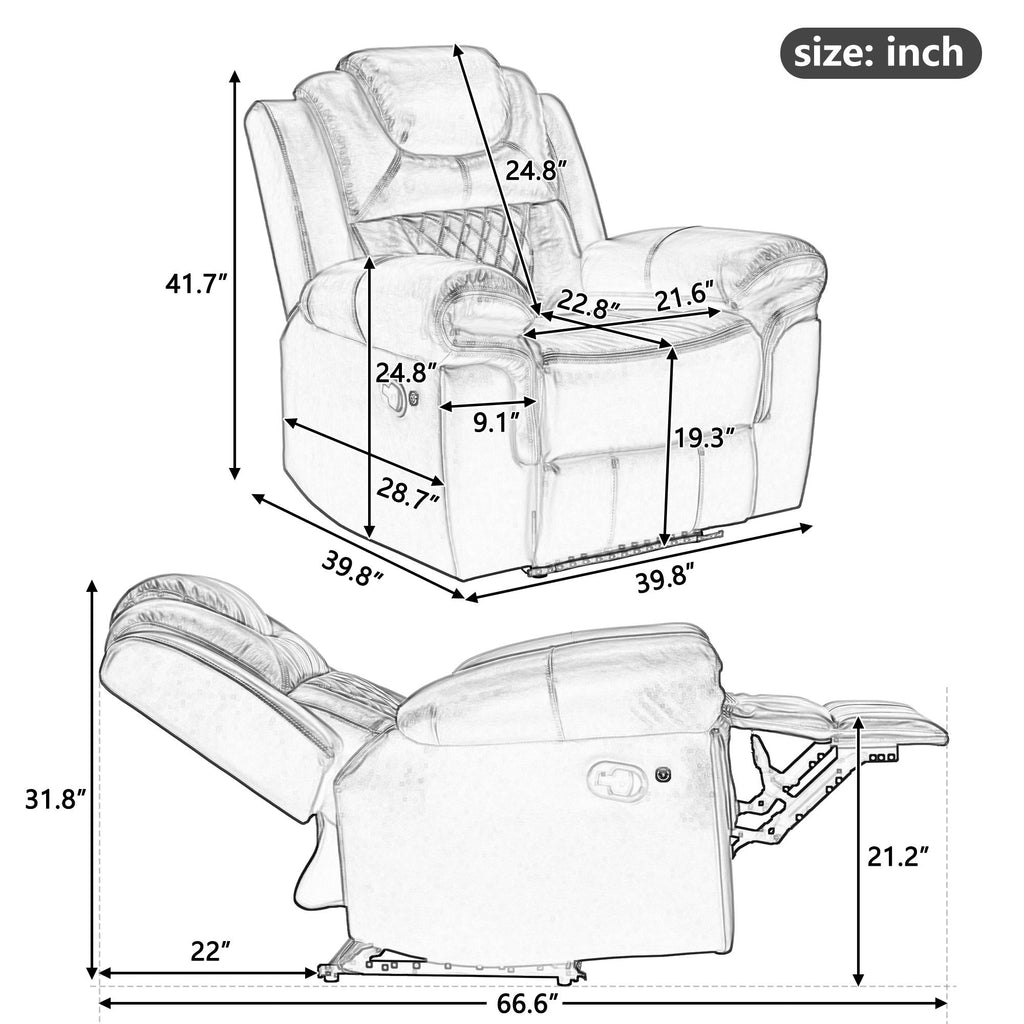 3 Pieces Recliner Sofa Sets Home Theater Seating Manual Recliner Chair With Center Console And LED Light Strip For Living Room