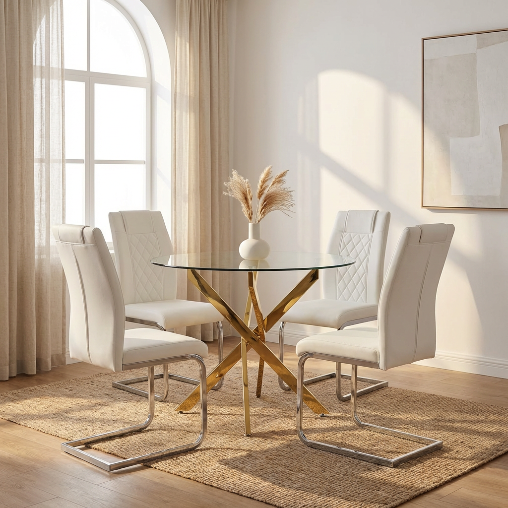 Round Glass Dining Table Set for 4, 35.5' Glass Dining Table with Gold Legs,