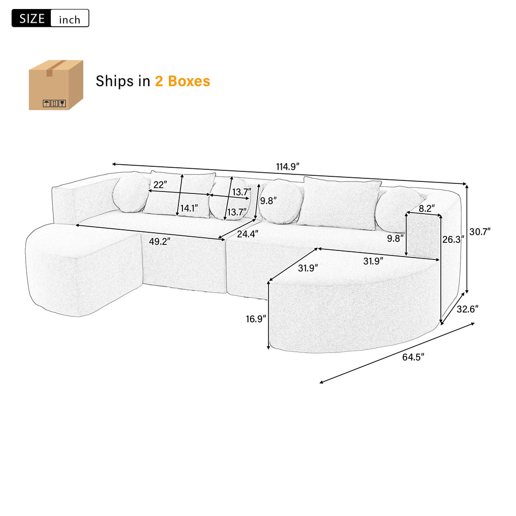 Sectional Sofa U-Shape Modular Boucle Black 6-Seat Deep Seating 114.9x64.5 In