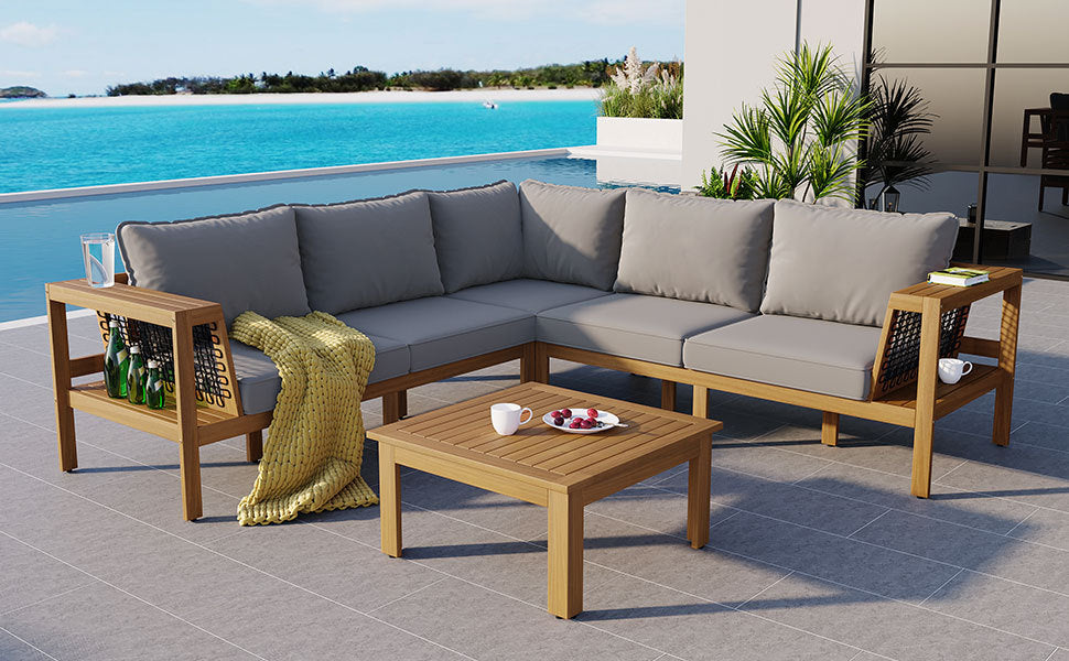 Outdoor Sofa Set Acacia Wood Rope Gray Cushion 4 Piece L-Shape Seats 6