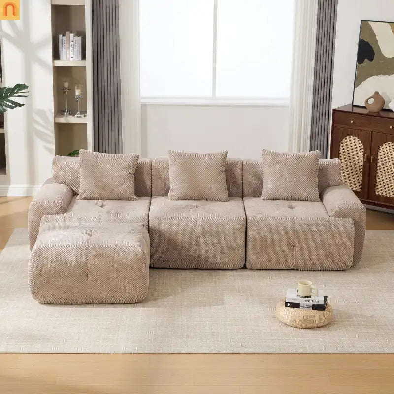 Sectional Sofa L-Shape Polyester Taupe 4 Seat Ottoman 3 Pillows 104 In