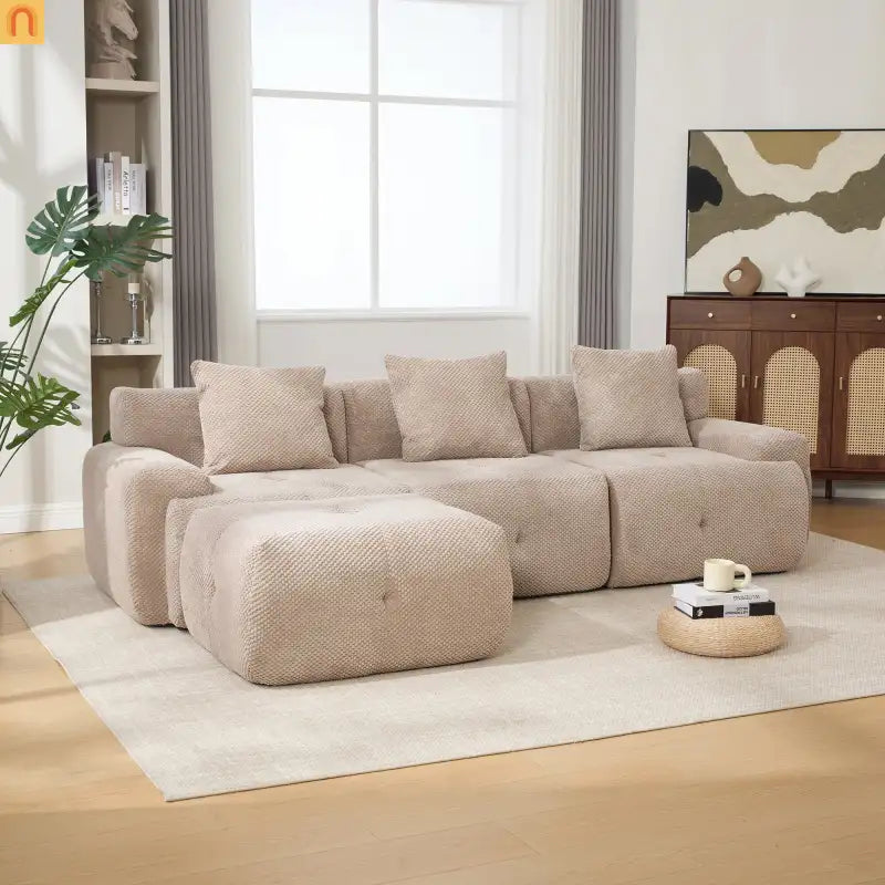 Sectional Sofa L-Shape Polyester Taupe 4 Seat Ottoman 3 Pillows 104 In