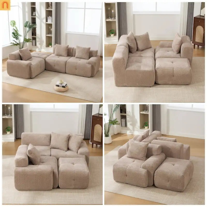 Sectional Sofa L-Shape Polyester Taupe 4 Seat Ottoman 3 Pillows 104 In