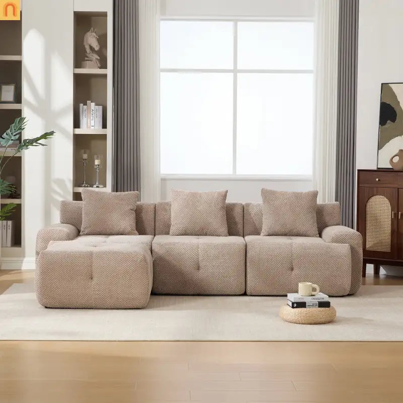 Sectional Sofa L-Shape Polyester Taupe 4 Seat Ottoman 3 Pillows 104 In