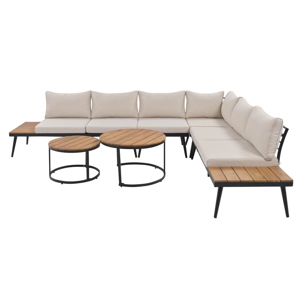 Outdoor Sectional Set Acacia Wood Steel Beige Cushion 6 Piece Seats 5