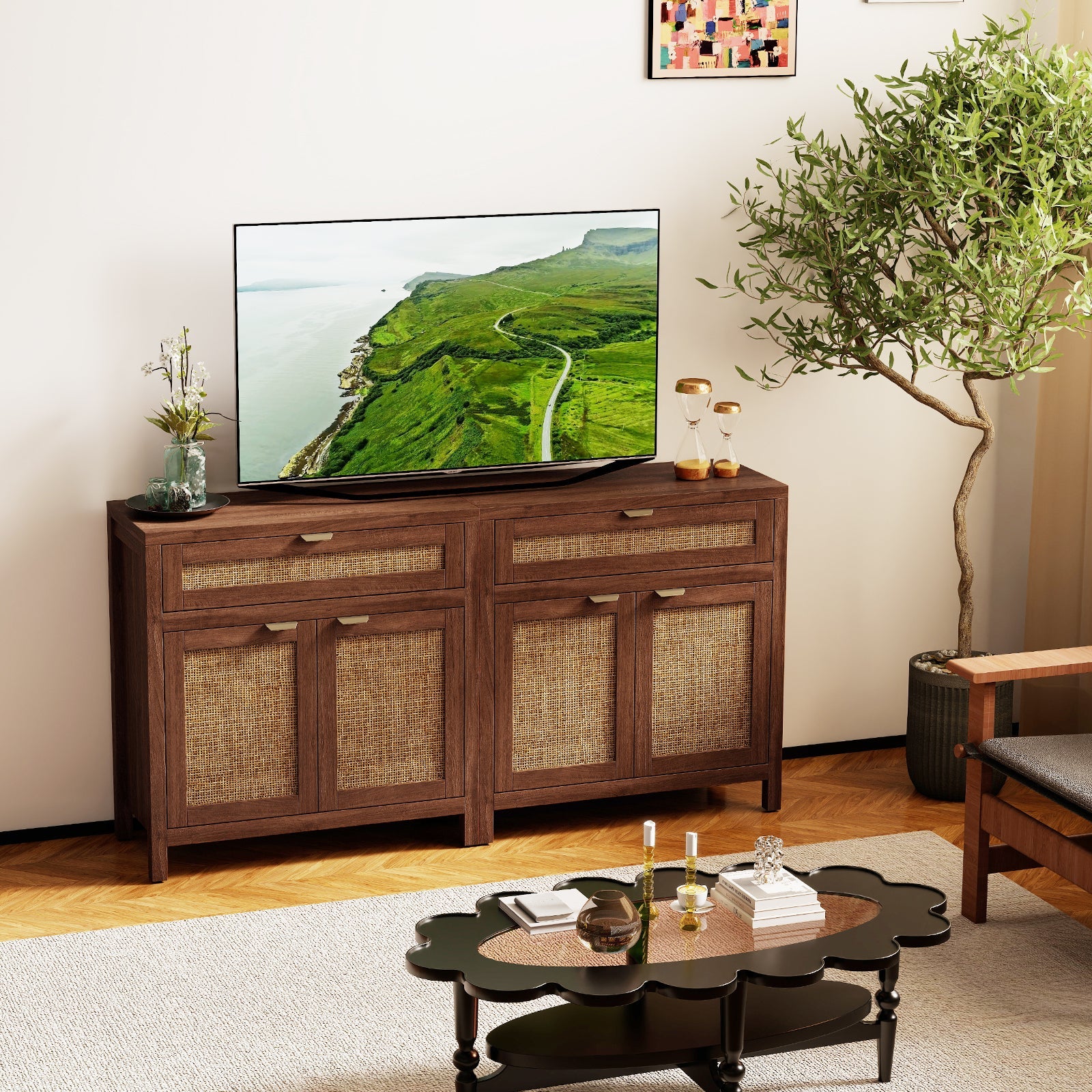 Sideboard Storage Cabinet with Rattan Doors and Drawer-Brown