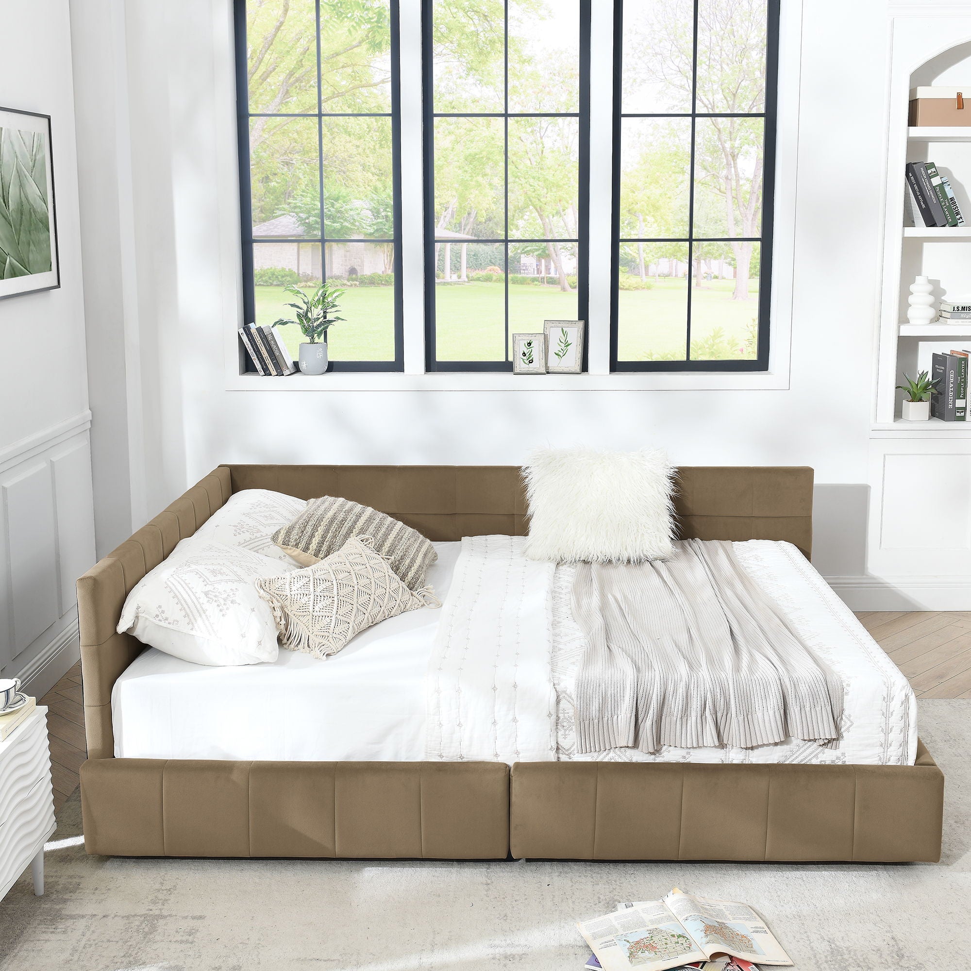 Mid-Century Storage Upholstered Tufted Bed Frame With Backrest And Armrests