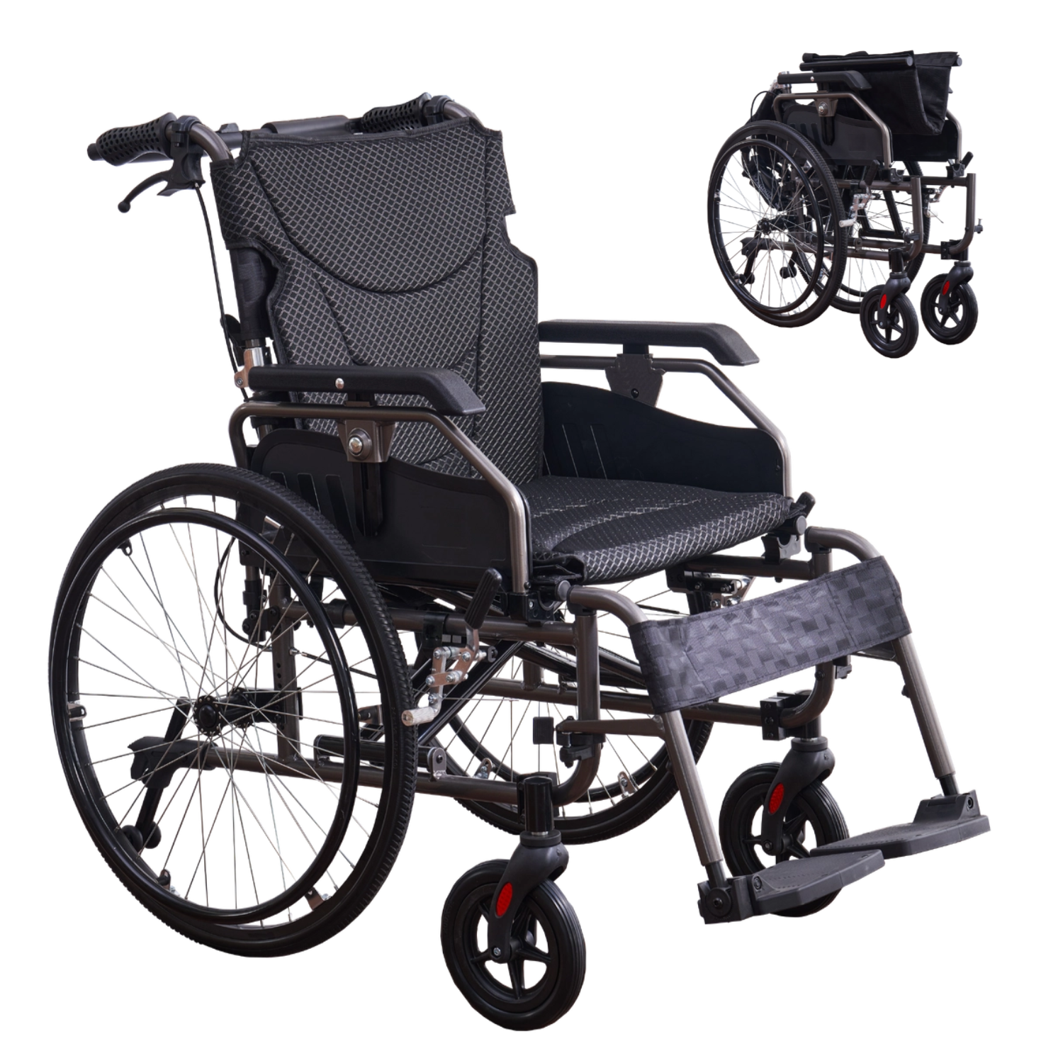 Wheelchair Manual Aluminum 24 In Quick Release Wheels Memory Foam Dark Gray
