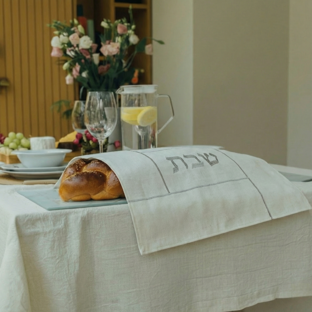Challah cover in a natural shade with delicate embroidery – clean and modern style – Shabbat series
