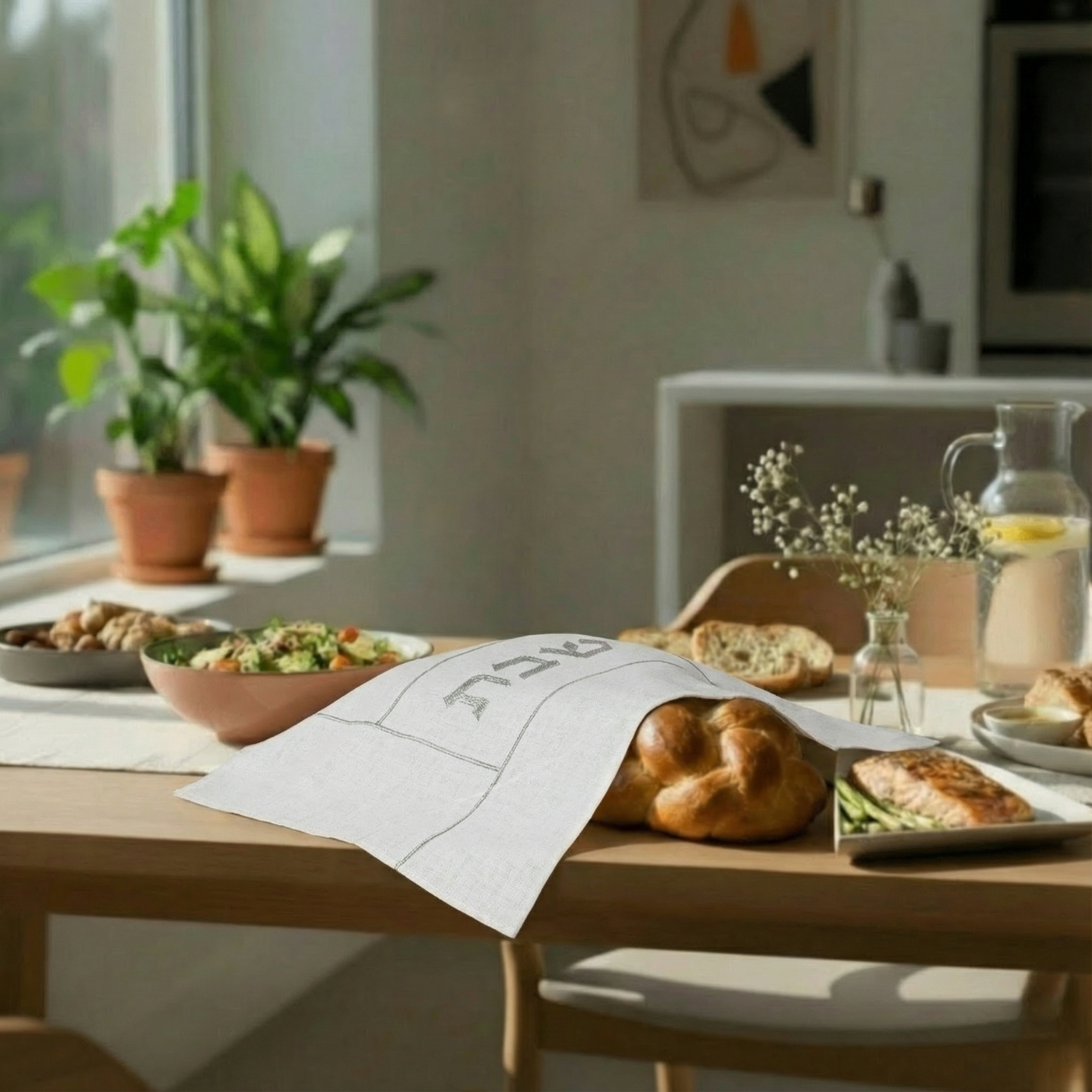 Challah cover in a natural shade with delicate embroidery – clean and modern style – Shabbat series