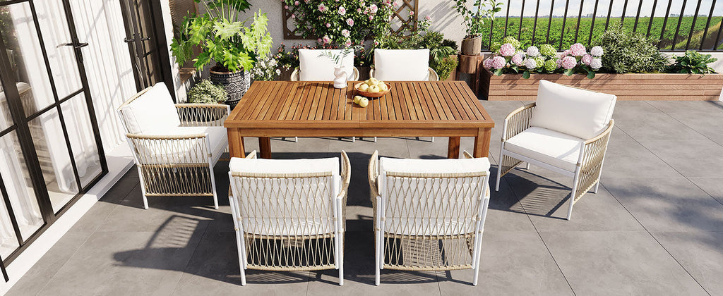 Outdoor Dining Set Acacia Wood PE Wicker Armchair 7 Piece Seats 6