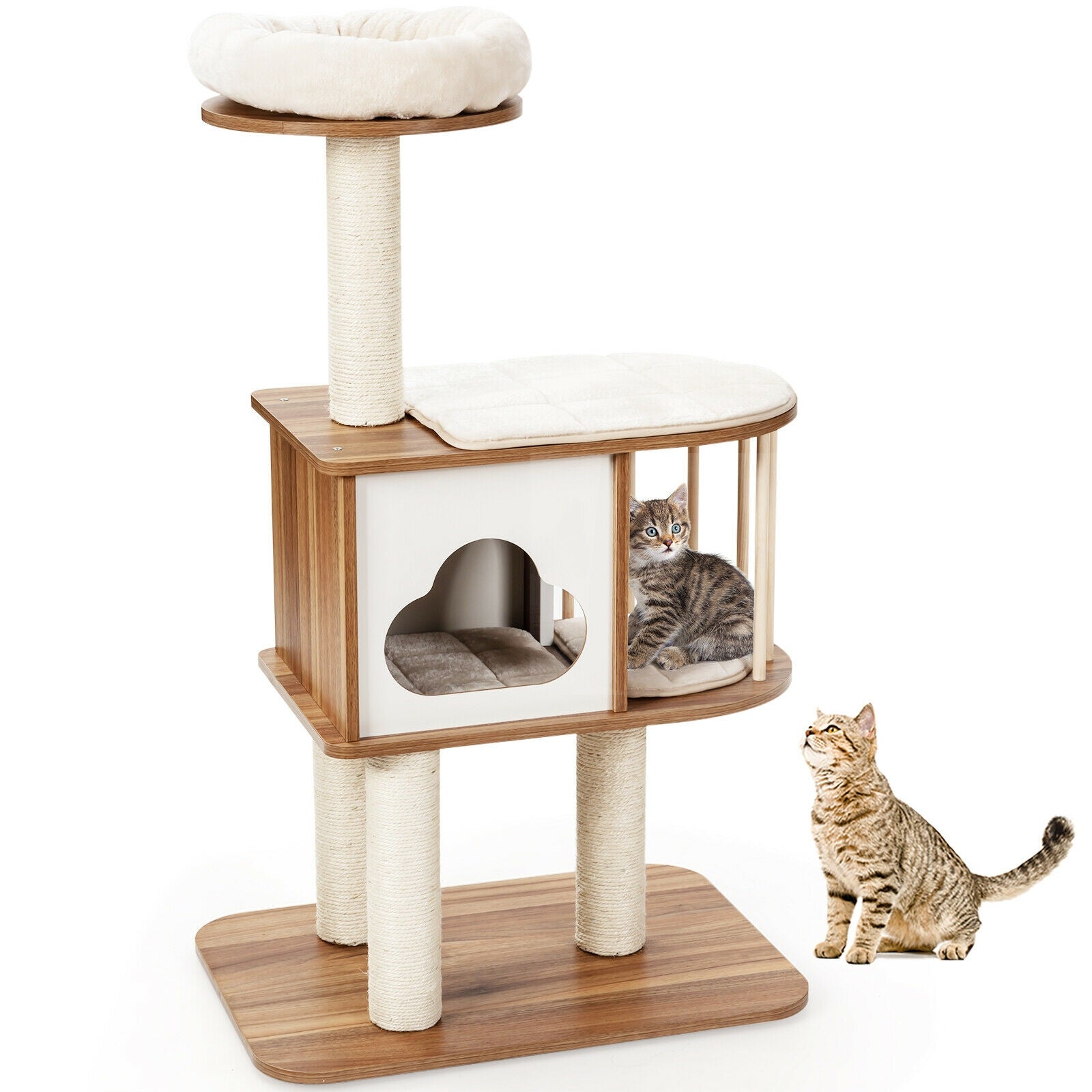 46 Inch Wooden Cat Activity Tree with Platform and Cushions