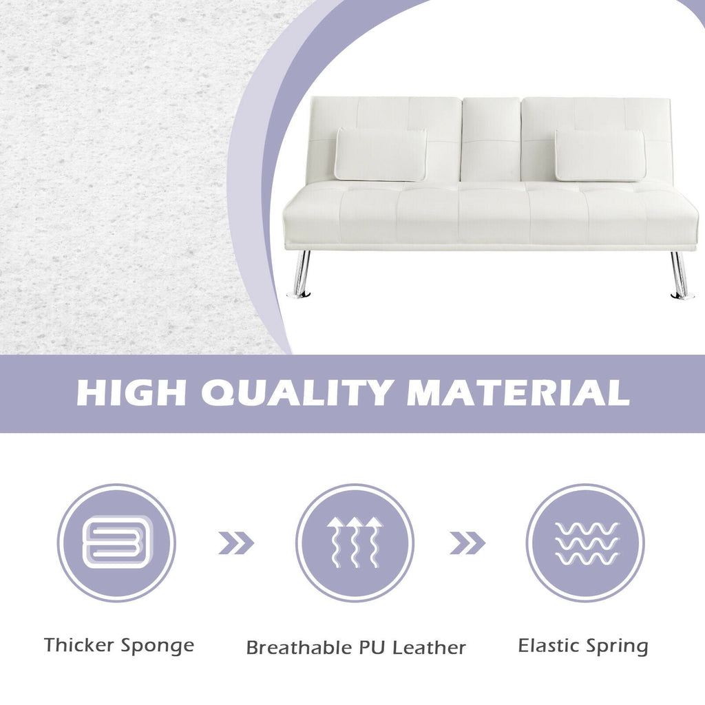 Convertible Folding Leather Futon Sofa with Cup Holders and Armrests