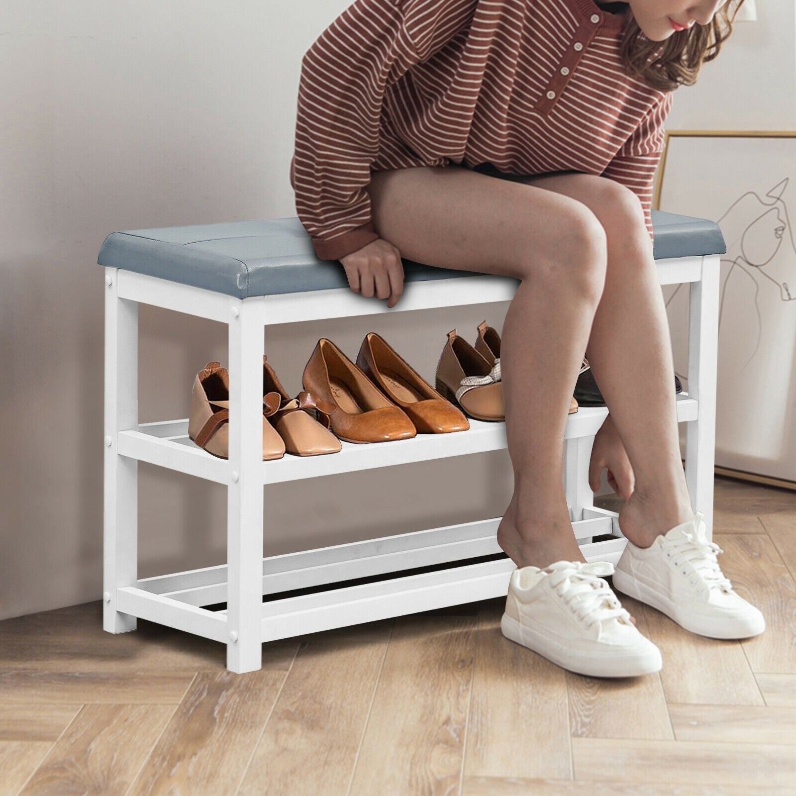 2-Tier Wooden Shoe Rack Bench with Padded Seat
