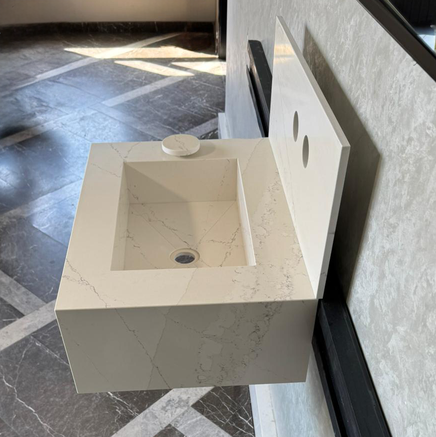 Engineered Quartz Bathroom Vessel Sink Handmade Modern Design Integrated Countertop