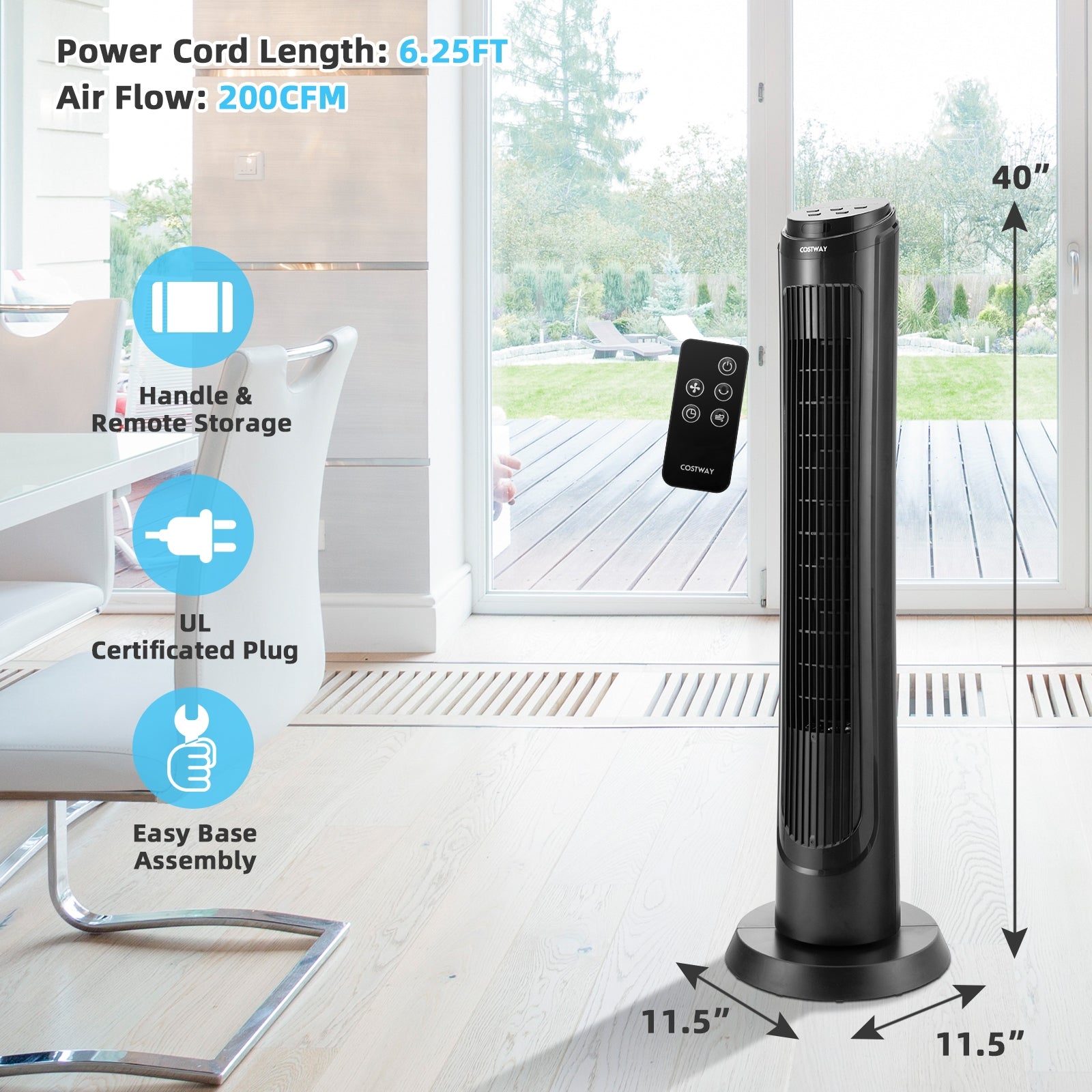 40 Inch Tower Fan with Remote 75Àö Oscillating Fan with 3 Wind Modes and 4 Wind Speeds-Black