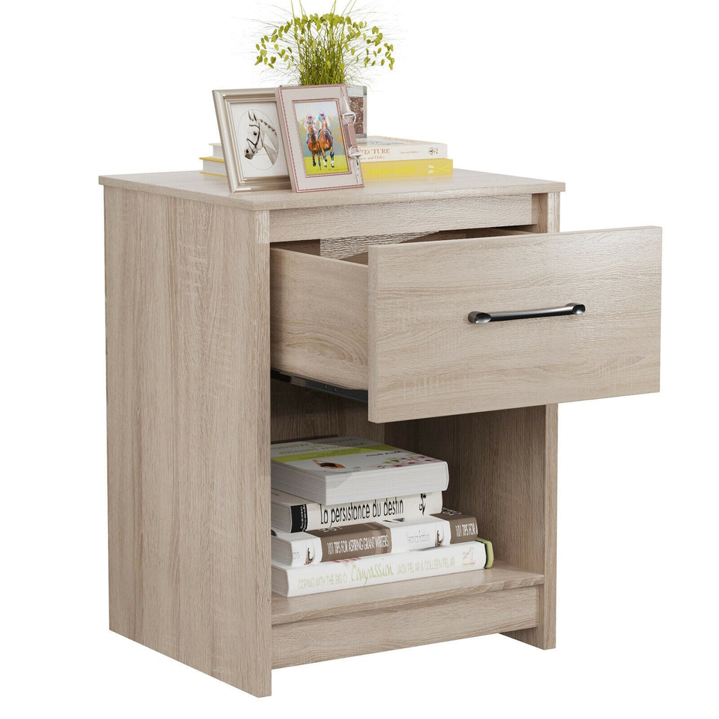 Wooden Nightstand with Drawer and Open Storage Compartment