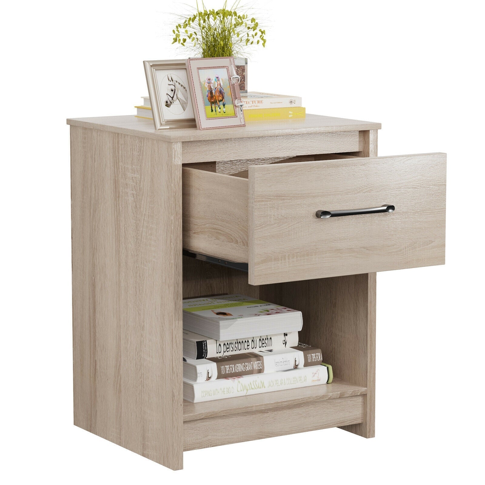 Wooden Nightstand with Drawer and Open Storage Compartment