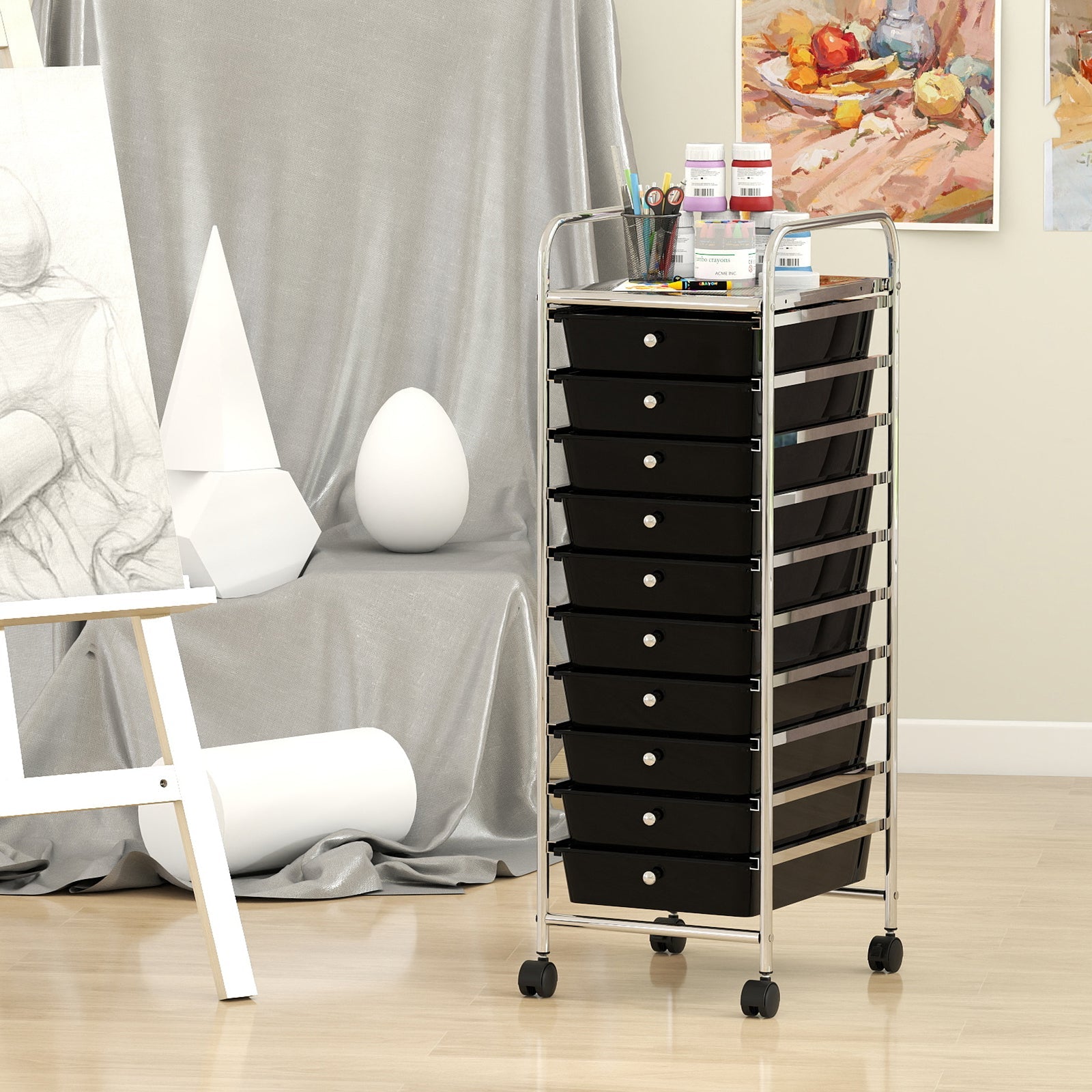 10-Drawer Rolling Storage Cart with Metal Frame and Lockable Universal Wheels