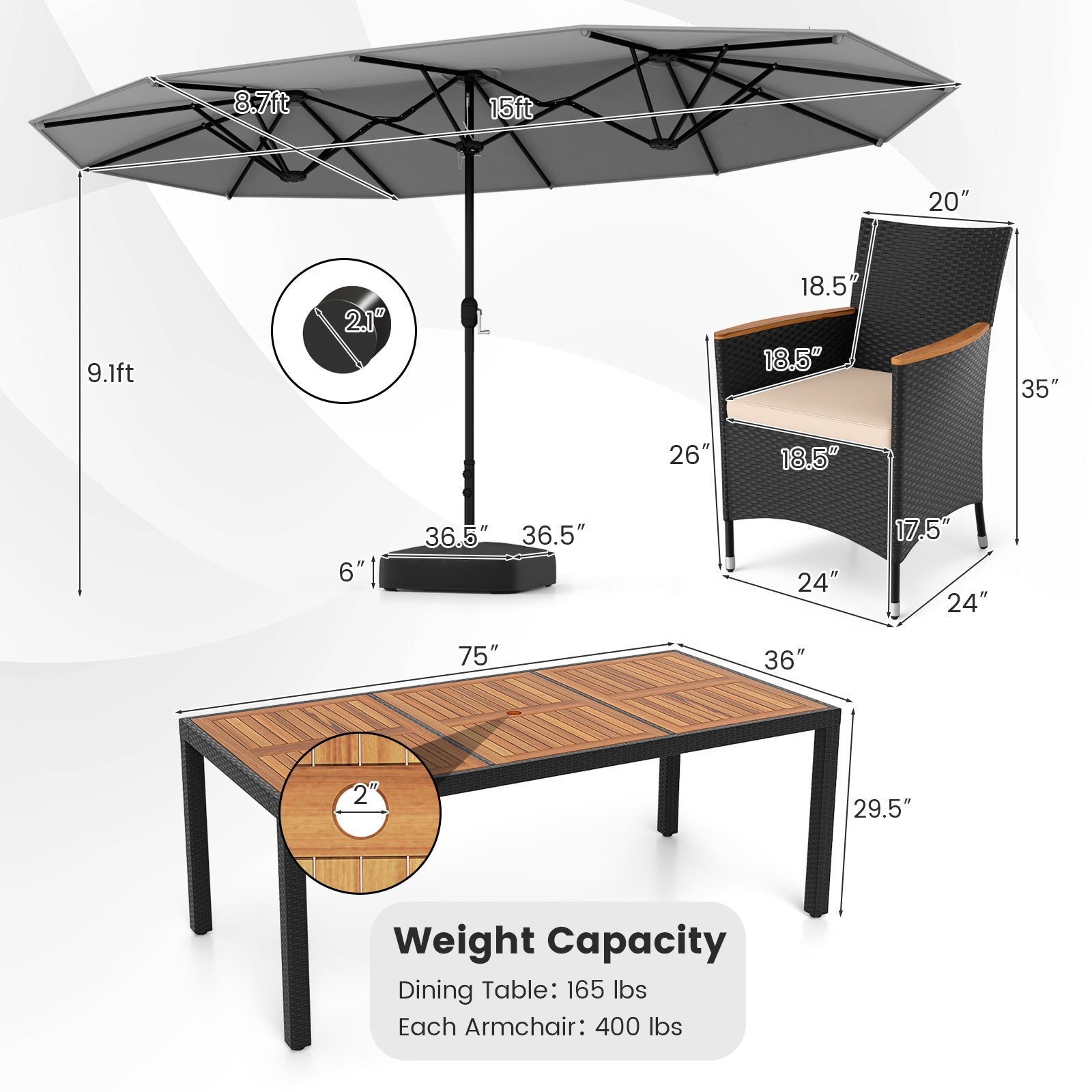 10 Piece Outdoor Dining Set with 15 Feet Double-Sided Twin Umbrella