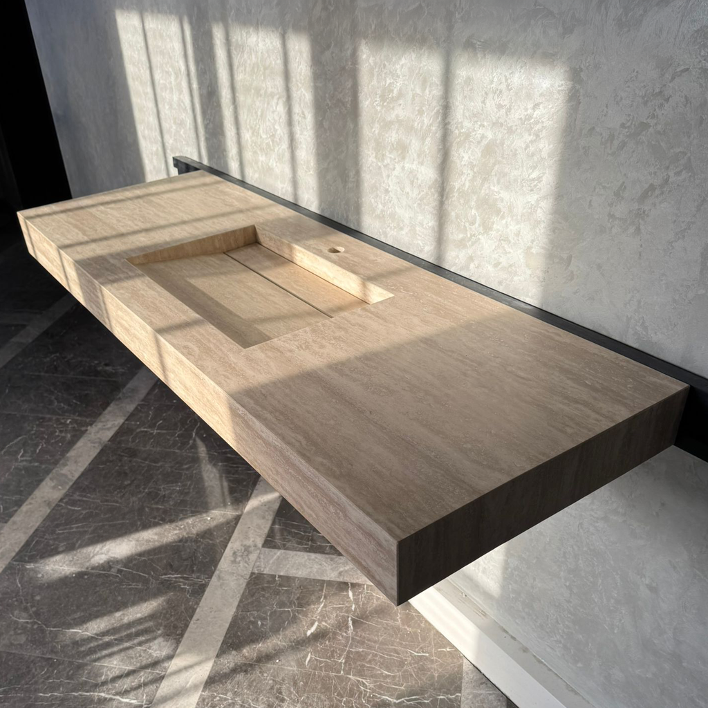 Vein Cut Travertine Natural Stone Bathroom Sink - Handmade Modern