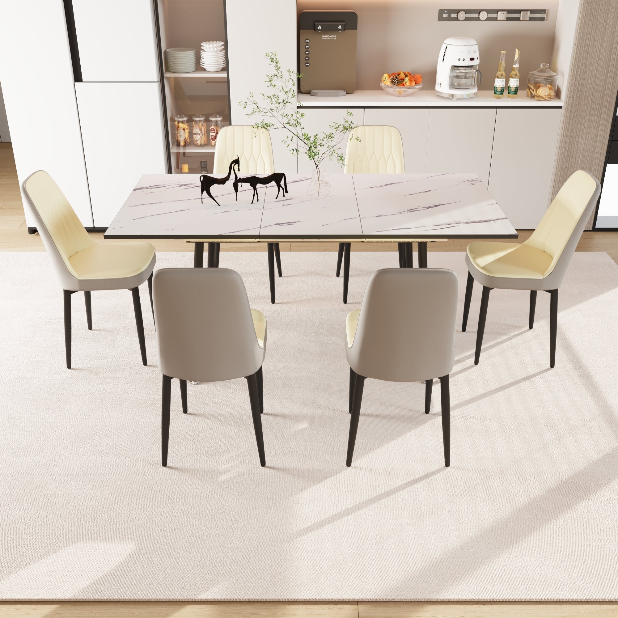 47'-63' expandable dining table set for 2-6 people, equipped with PU fabric